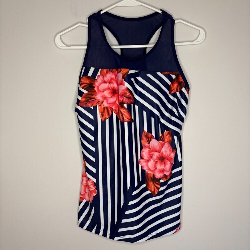 YONIQUE 2-Piece Tankini Size Small Floral Stripes Navy Pink Mesh NEW wTags